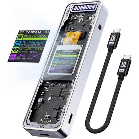 Smart 2280 M.2 NVMe Cyber Design Explorer Edition SSD-Gehäuse mit LCD-Bildschirm, USB Typ-C-Anschluss bis zu 10 Gbit/s, silberfarben. (1/5)