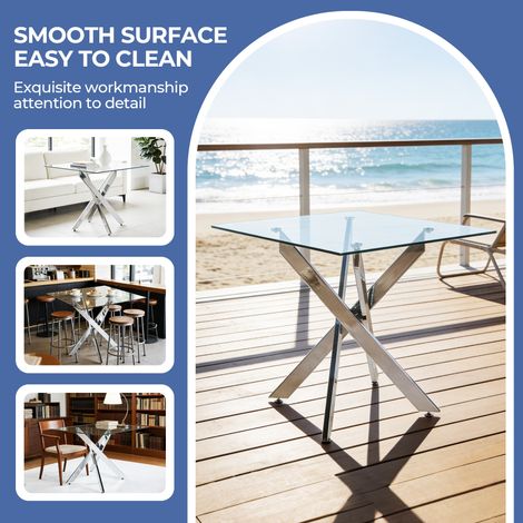 Table carrée en verre trempé 80x80cm, piètement chromé, gain de place, design épuré, parfaite pour salon ou salle à manger, plateau transparent et résistant (1/5)