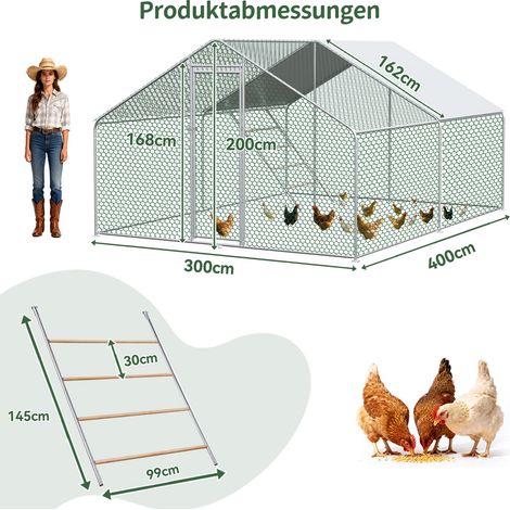 Enclos extérieur métallique 3x4x2 m avec toit PE imperméable et serrure de sécurité pour poules et petits animaux (1/5)
