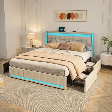 Polsterbett 140x190 cm, Doppelbett mit LED-Beleuchtung und USB, Modernes Stauraumbett mit 4 Schubladen, Bettgestell mit Kopfteil und Lattenrost, Leinen Beige, Ohne Matratze