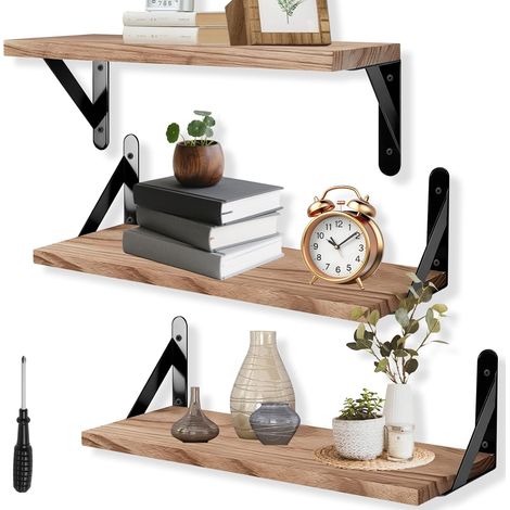 Lot de 3 Étagère Murale Bois avec 6 Supports Métalliques (1/5)