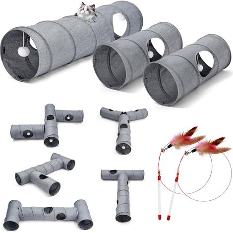 Tunnel d'été pour chat, 3 tunnels droits 6 formes à faire soi-même avec baguette, tissu en lin frais, résistant aux rayures, tube interactif pour chats, chiots et lapins (1/5)