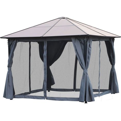 Tonnelle de jardin avec toit rigide polycarbonate et rideaux moustiquaires 3 x 3 m gris foncé et noir (1/3)