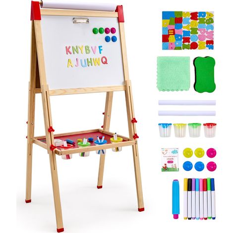 Chevalet d'Art Enfants 3-en-1 Tableau Magnétique Blanc Noir Double Face, Planche à Dessin Bois Debout Réglable avec Accessoires, Support de Rouleau de Papier, pour Créativité, Garçons, Filles (1/5)