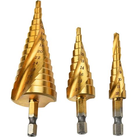 Lntyq Stufenbohrer, HSS-Spiralnut, 3 Stück, 4–12 mm/4–20 mm/4–32 mm, Titanbeschichtetes Bohrwerkzeug, multifunktionaler Sechskantschaft aus Hochgeschwindigkeitsstahl (1/4)