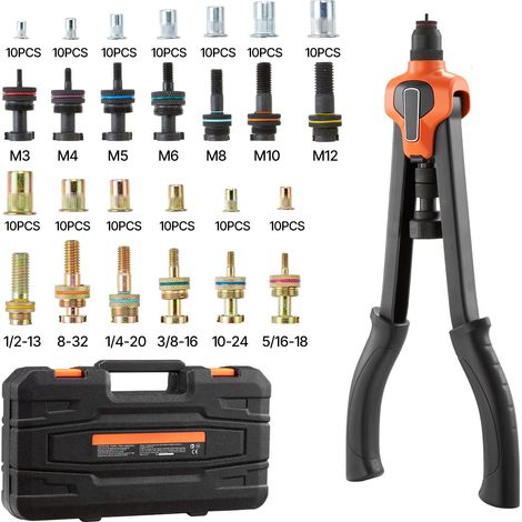 Kit de pose d'écrous rivetés 420 mm, avec 13 mandrins et 130 écrous, tailles métriques et SAE (M3-M12, UNC), coffret de rangement inclus. (1/5)