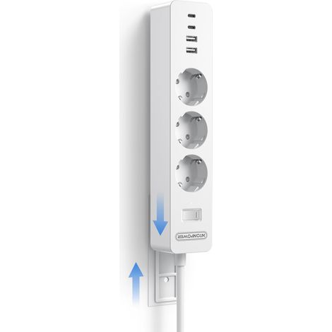 Multiprise Murale avec Plaque Adhésive, 3 Prises avec USB-C, Prises Multiprise Murale Montage Câble de 1,5 m, avec Interrupteur, Intérieur, Blanc (1/5)
