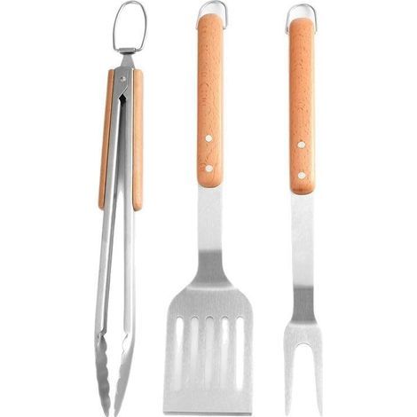 Ensemble d'ustensiles de barbecue en acier inoxydable avec manches en bois – Kit de 3 pièces pour grillades, incluant pince, spatule et fourchette, pour barbecue en extérieur (1, Set de 3 pièces) (1/4)