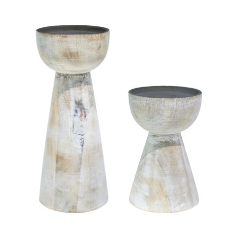 Padstow Candle Holders (Set of 2) - Wood - L9 x W9 x H22 cm - White Wash