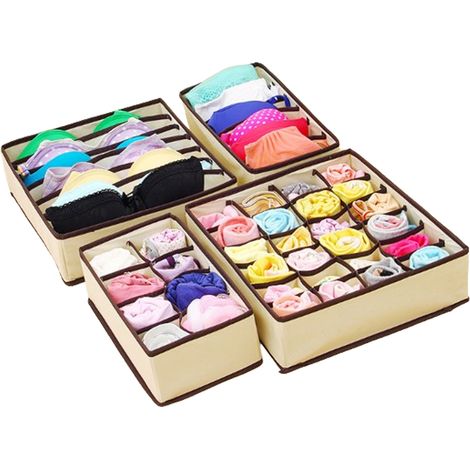 Lot de 4 Boîte de rangement, Organisateur tiroir, Compartiments multiples, Tissu non tissé, Pour sous-vêtements chaussettes cravates (1/5)