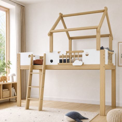 DESMIU Lit mezzanine Lit enfant 1 place avec barrière, échelle à 3 marches et toit 90 × 200 cm, sans matelas (1/5)