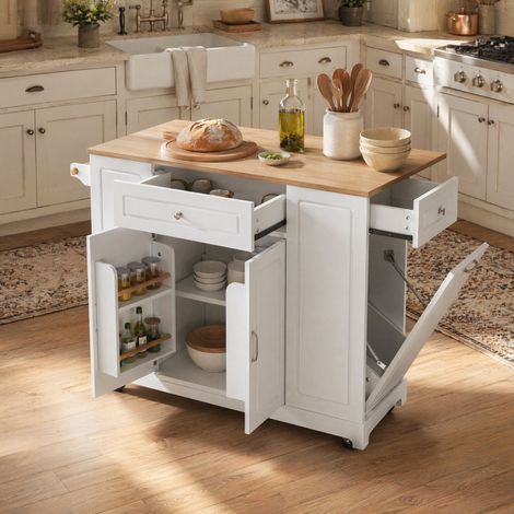 Isola cucina mobile con ruote, piano estensibile 131,8x40-70x93,3 cm, bianco, MDF FloraGrace (1/5)