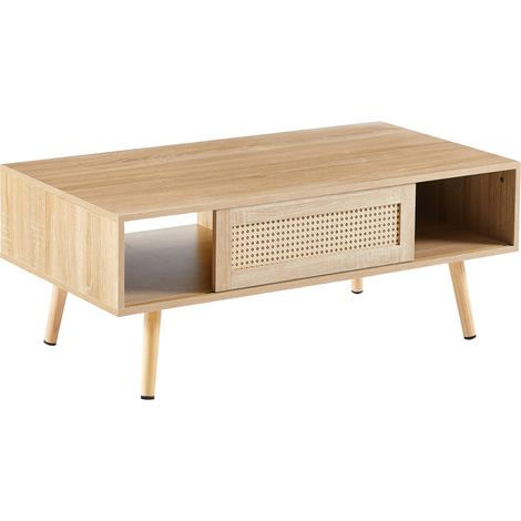 Mesa de centro de ratán con puertas correderas, patas de madera, color natural, 105 x 55 x 40 cm (1/5)