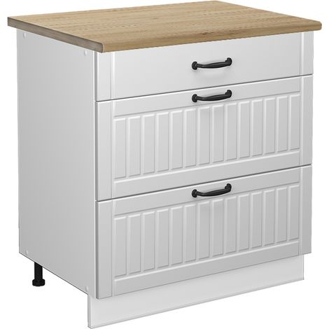 Mueble bajo de cocina Fame-Line, Blanco casa de campo, 80 cm con 3 cajones, ET Roble, Vicco