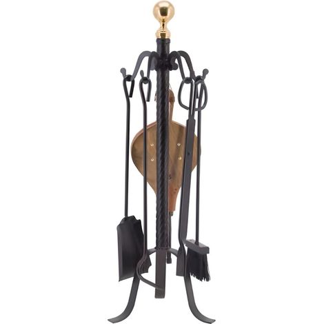 Serviteur/Garniture de cheminée ensembles d'outils pince à feu pelle brosse en fer forgé avec boule dorée coloris Noir - Hauteur 72cm