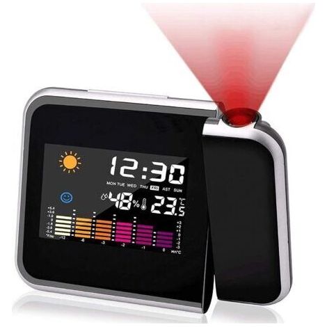 Réveil lumineux avec projection réglable – Affichage LCD couleur – Double alarme – Température et humidité – Alimentation USB ou piles AAA (1/5)