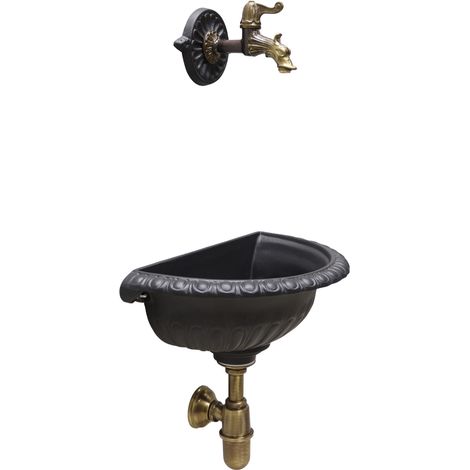 Fontana a muro Kit Liberty per casa giardino da parete esterno balcone grigio ghisa con rubinetto 147 e sifone in ottone brunito