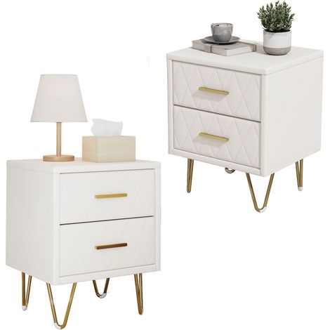 Set di 2 comodini imbottiti con 2 cassetti di stoccaggio e piedi metallici dorati, tavolini da appoggio in PU per soggiorno e camera da letto – Beige