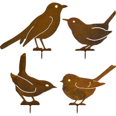 Pájaros oxidados para árbol, 4 adornos de metal para jardín, pátina de óxido natural.