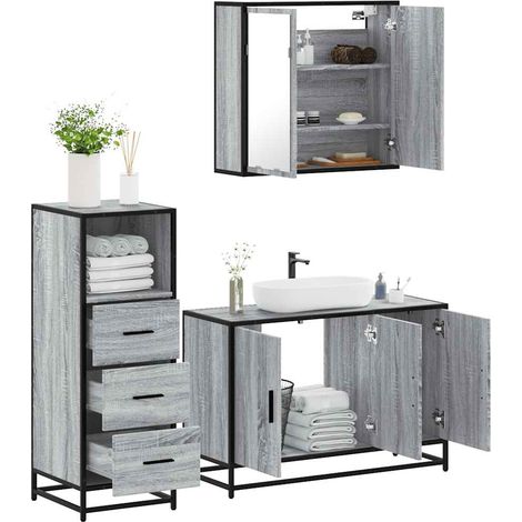 3-tlg. Badmöbel-Set Grau Sonoma Holzwerkstoff