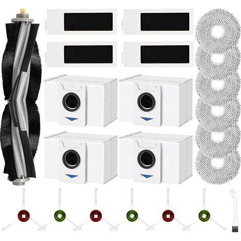 22 Stück Zubehör für Ecovacs Deebot T20 Omni / T20e Omni Saugroboter, 1 Hauptbürste, 4 Staubbeutel, 6 Wischtücher, 4 Filter, 1 Reinigungsbürste, 6 Seitenbürsten (1/5)