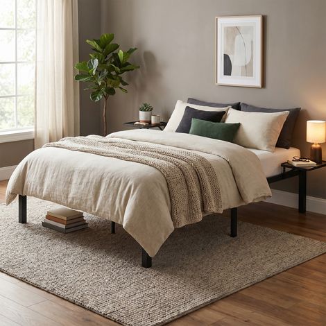 Lit Double, Cadre en Métal avec Étagères de Rangement, Tête de Lit, pour Adolescents, Adapté pour Matelas 140 x 200 cm, Montage Facile, Noir (1/5)