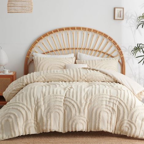 Housse de Couette 220 x 240 cm Beige + 2 taie d'oreiller 65x65cm,Parure de Lit 2 Personnes Tuftée Adulte Ado Broderie Parure de Lit Linge de lit Avez Fermeture Éclair (1/5)