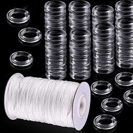 Lot de 100 anneaux de rideaux romains transparents et cordon de store romain de 50 m de 8 à 13 mm avec anneaux en plastique transparent de 1,8 mm Blanc tressé Cordon d'ombrage pour rideaux (1/5)