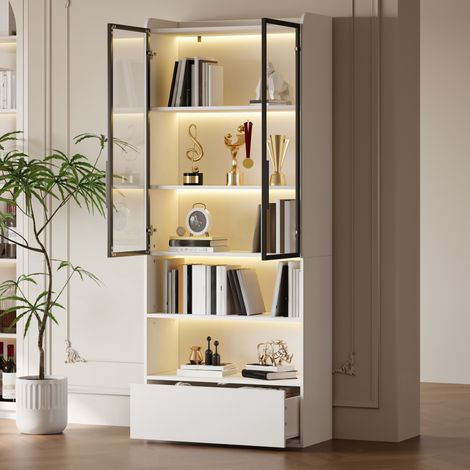 Vetrina 80x34x180 cm bianca in MDF e vetro con LED, 1 cassetto e ripiani multipli (1/5)