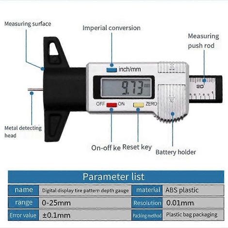Jauge numérique de profondeur de pneu 0-25 mm/1 pouce, jauge portable de profondeur de bande de roulement adaptée aux voitures, camping-cars et camions. (1/4)