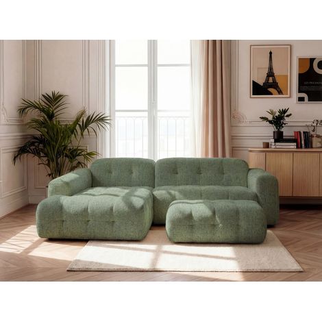 BOBOCHIC - Canapé d'angle fixe LAURA tissu chiné avec grand pouf Angle gauche Vert clair (1/3)