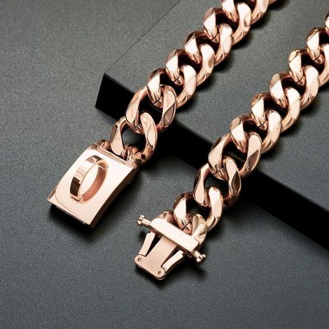 Rose Gold Chain Dog Collar, Cuban Link Chain Dog Collar, 19MM Stainless Steel Link Chain Dog Collar, Metal Walking Collar (1/5)