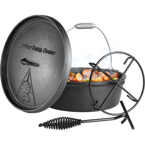 TLGREEN Dutch Oven, 5,8 L Four Néerlandais, Cocotte en Fonte, Kit Marmite en Font Four, Four Hollandais sans Pieds, avec support de casserole et Poignée en Spirale (1/5)