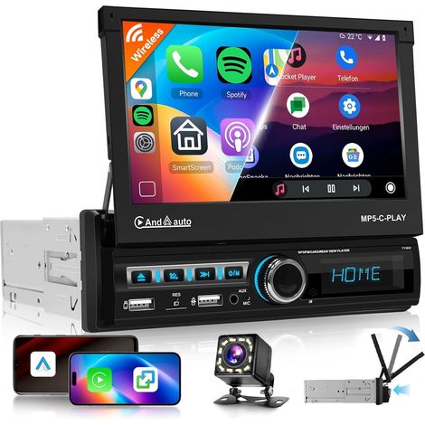 Autoradio 1 Din Carplay Android Auto sans Fil avec écran rétractable électriquement de 7 Pouces,Radio FM 1-DIN avec Bluetooth 5.1 GPS/Navi,Mirror Link 2 USB/AUX/SD avec caméra de recul (1/5)