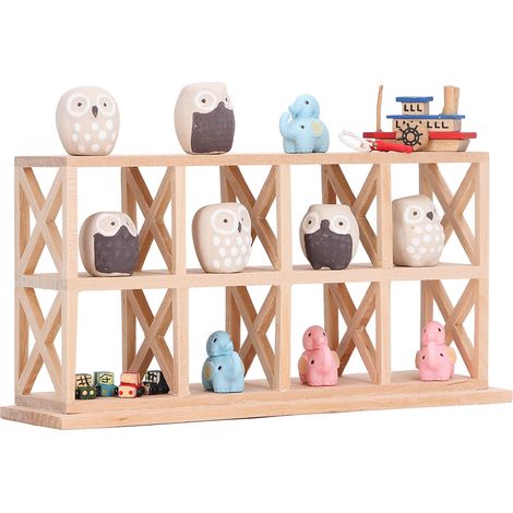 Étagère pour maison de poupée à l'échelle 1:12, en bois résine, avec 8 compartiments, finitions raffinées et ornements en forme d'éléphant, de hibou, de bateau et de voiture. (1/5)
