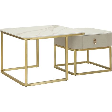 Coppia tavolini da caffè Beauty in crema e oro 70x70x48 e 50x50x43 cm