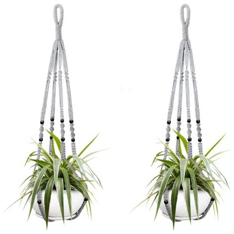 QORVA-Deux paniers suspendus pour plantes d'intérieur, en corde de coton grise, de 98 cm de long, ornés de perles en bois. Crochets non inclus.