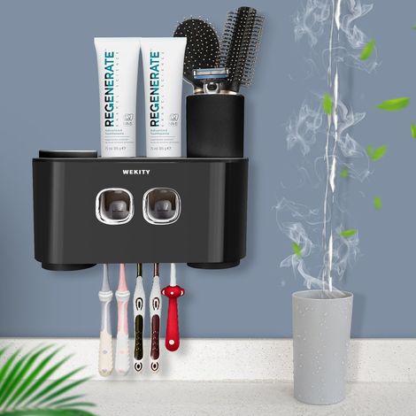 Porte-brosse à dents pour salle de bain, 2 tasses, 2 distributeurs de dentifrice, support de brosse à dents avec 6 emplacements pour brosses, 1 plateau de grande capacité, 1 tiroir cosmétique (2 (1/5)
