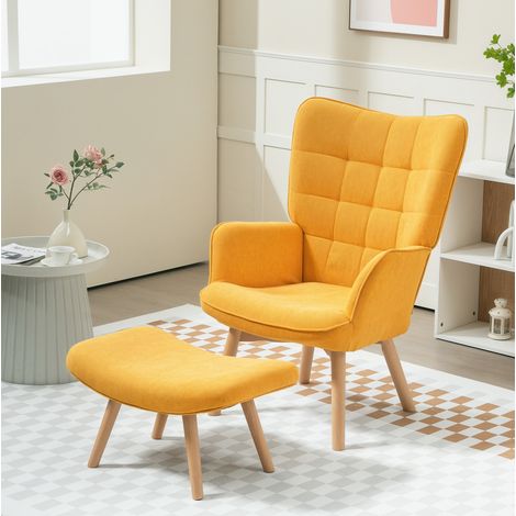 Sillón orejero con reposapiés 72x80x101 cm naranja en poliéster con patas de madera y diseño capitoné (1/5)