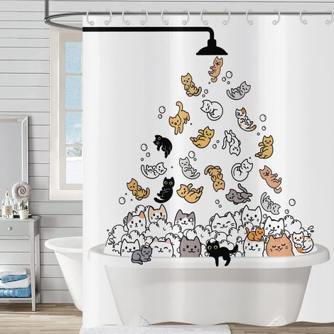 Cortina de ducha divertida con diseño de gato, 180x200 cm, con gatito de dibujos animados para niños, colorida, adorable, graciosa, impermeable, lavable, de poliéster (1/5)
