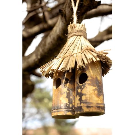 Bird Nesting House Natural Bamboo Tiki Style Predator Proof Bird Bird House Traditional Wooden Hanging Hut Unique Decorative Nest Boxes For Wild Birds With Straw Roof (1/5)