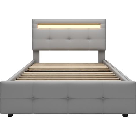 Cama tapizada 90 x 200 cm con LED y 2 cajones gris (1/5)