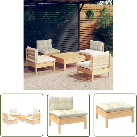 vidaXL 5 Piece Garden Lounge Set with Cream Cushions Pinewood (1/5)