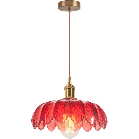 Rétro Lustre Suspension en Verre forme Fleur Vintage E27 Lampe de Plafond Abat-jour pour Chambre Cuisine Salon Salle à Manger Rouge