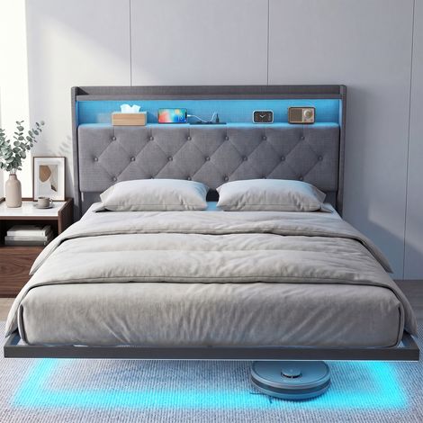 Cadre de lit 140 x 190 cm avec sommier à lattes en acier, lit double suspendu avec éclairage LED RGB et station de recharge, gris (1/5)