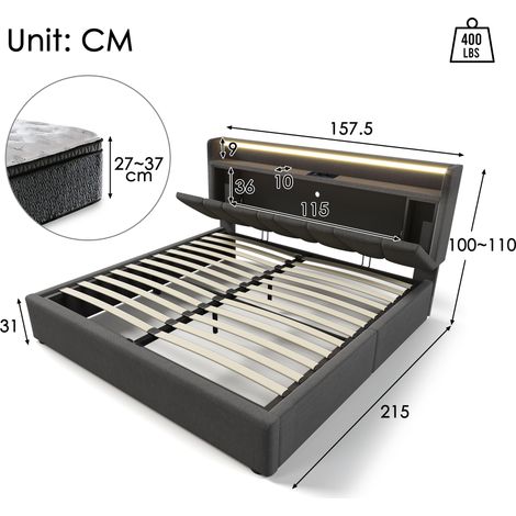 Lit double rembourré 140×200cm gris,USB charge,tête rangement,LED,cadre lattes bois,lit de rangement sans matelas (1/5)