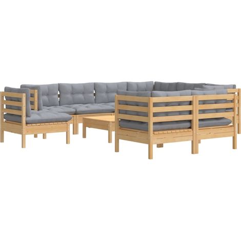 Mobili da giardino mobili da esterno Set di mobili da 10 pezzi con cuscini grigi in legno di pino massiccio