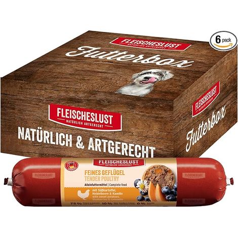 Saucisse pour chien volaille fine avec patate douce myrtille et camomille boîte de nourriture 6 x 800 g nourriture pour chien saucisse humide résistante aux coupures et sans (1/5)