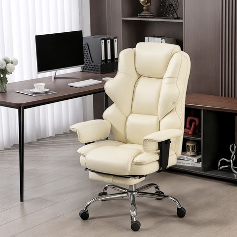 Silla de oficina ergonómica con reposapiés, silla ejecutiva reclinable de cuero sintético, capacidad de carga de 180 kg, giratoria, respaldo alto, reposabrazos acolchados y altura ajustable, color bla