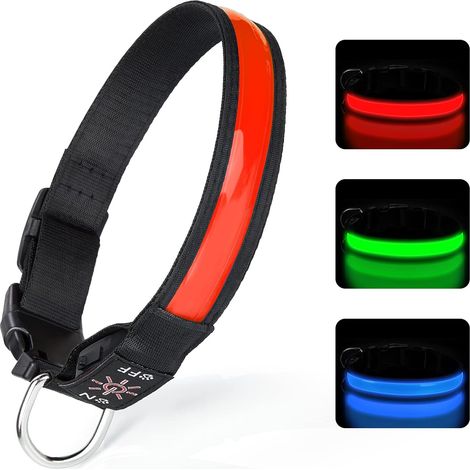 Collare luminoso per cani ricaricabile USB, collare per cani a LED regolabile con 3 modalità di illuminazione per cani di taglia piccola, media e grande che camminano in sicurezza di notte - Rosso - M (1/4)